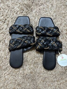 Black Braided Chain-Trim Slide Sandals